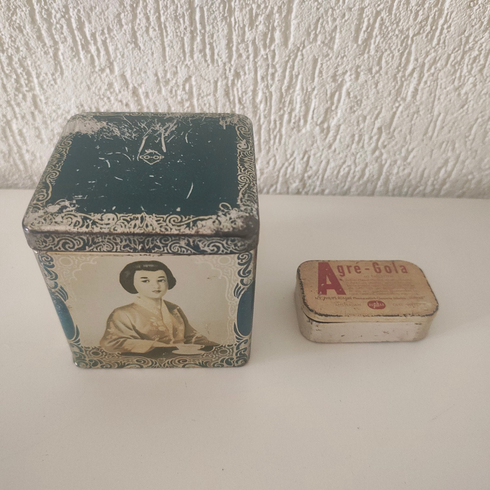 Vintage blikken trommel met afbeeldingen en agre gola, Ophalen