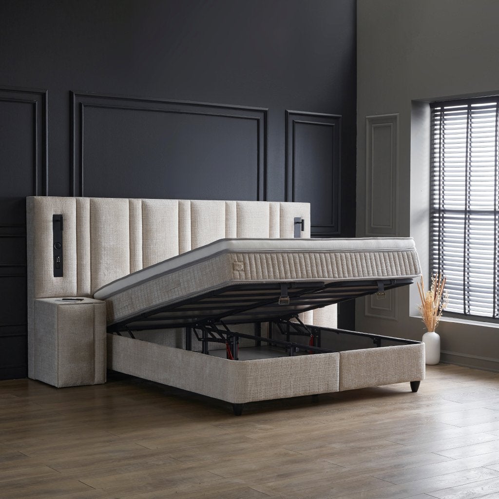 Riviera 2-persoons opbergbed XL hoofdbord - Beige, Niet ingevuld, Niet ingevuld, Niet ingevuld