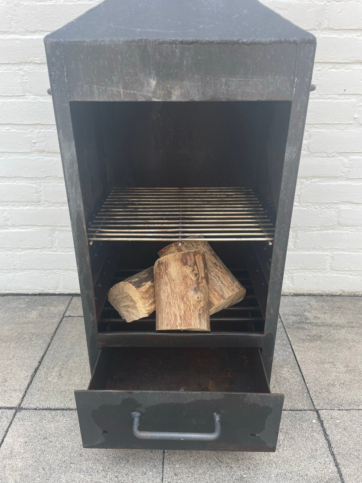 Stalen tuinhaard met grillrooster en aslade, Ophalen, Gebruikt, Vuurkorf