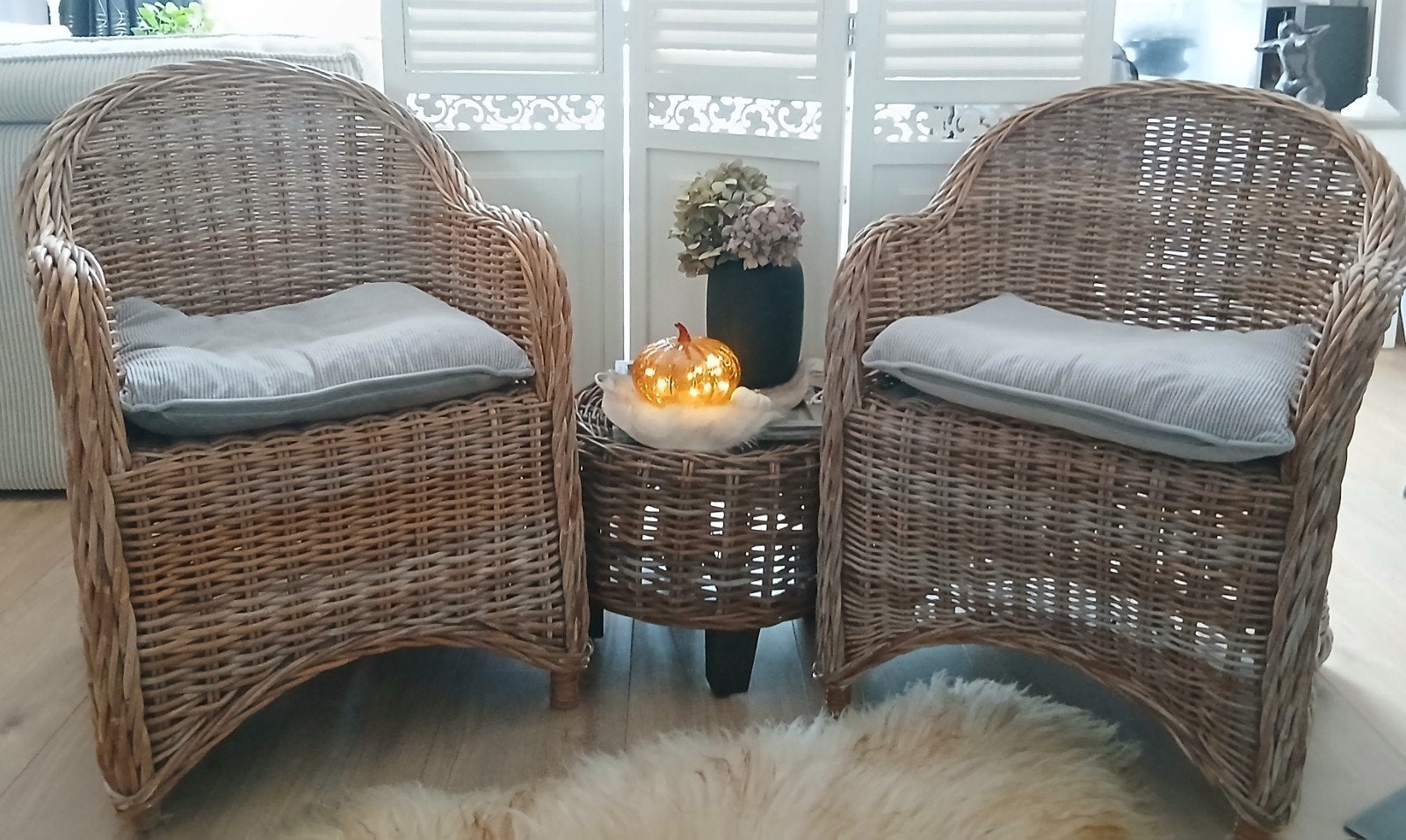 Twee rieten fauteuils met kussens en bijzettafel, Ophalen, Gebruikt, Twee, Bruin