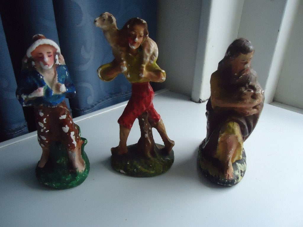 Drie oude gipsen Kerst Beeldjes., Ophalen of Verzenden