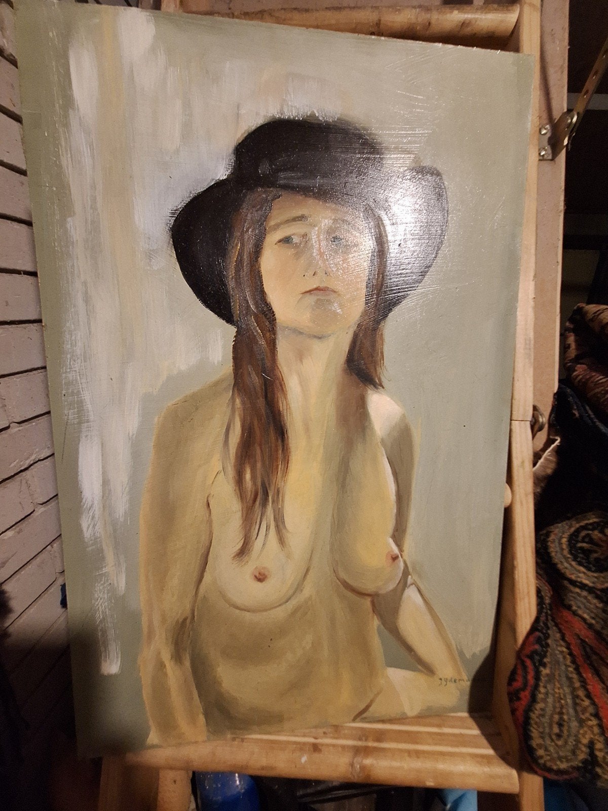 Naaktportret van vrouw met hoed, olieverf op hardboard, Ophalen of Verzenden