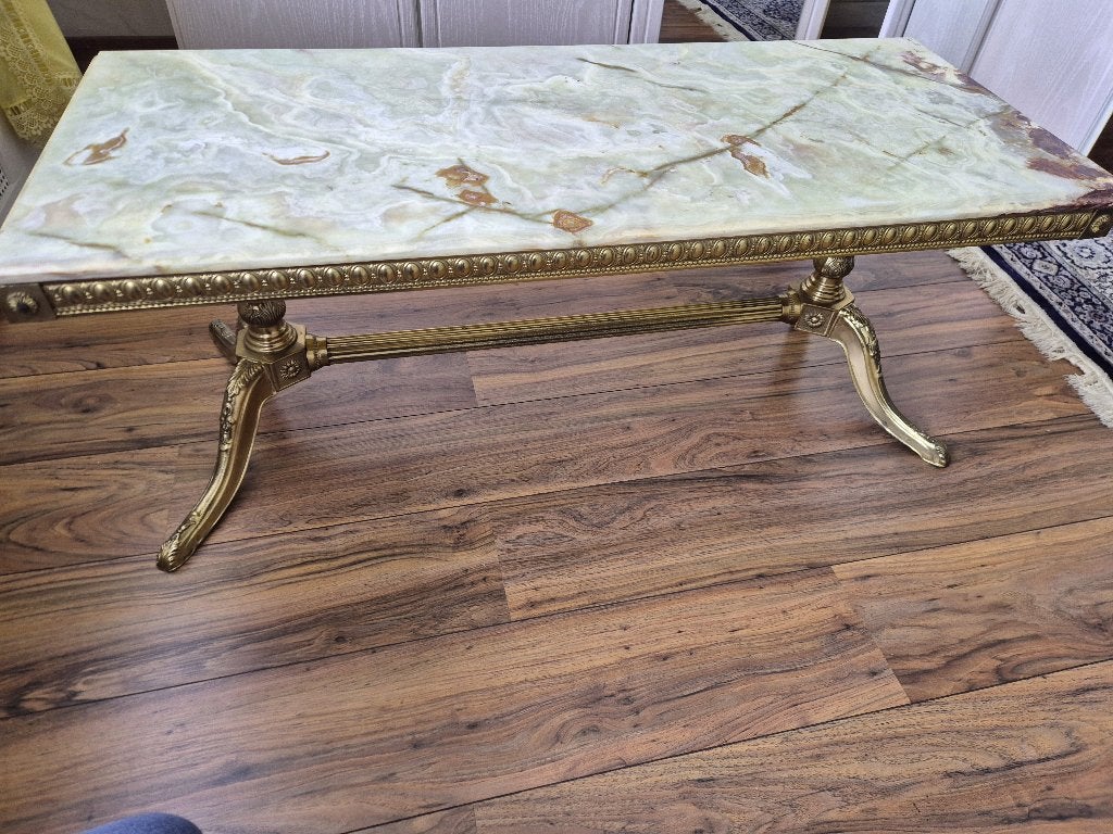 Vintage Hollywood Regency Salontafel - Onyx & Messing, Ophalen, 100 tot 150 cm, 50 tot 100 cm, Rechthoekig
