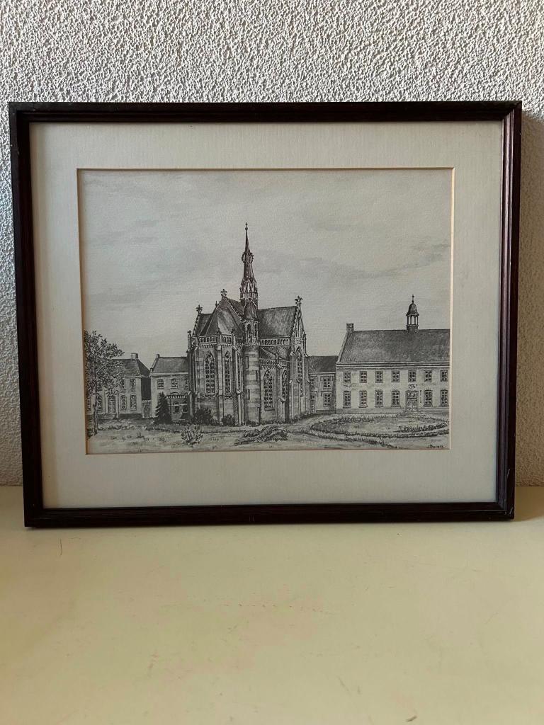 Tekening van een kerk door J. Bevers 34x28,5cm, Ophalen of Verzenden