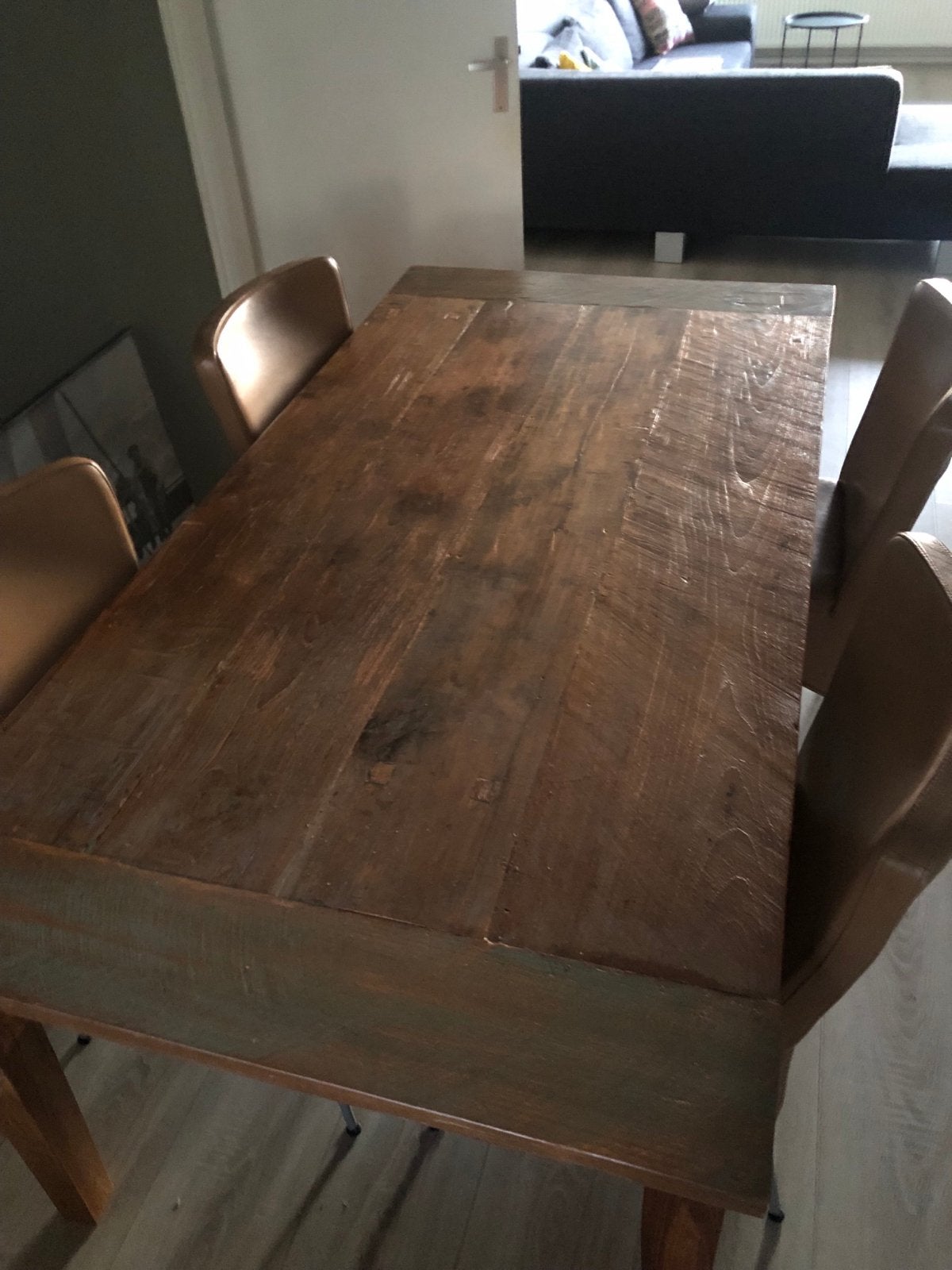 Robuuste houten eettafel met 4 stoelen, Gebruikt, 150 tot 200 cm, Vier personen, Rechthoekig