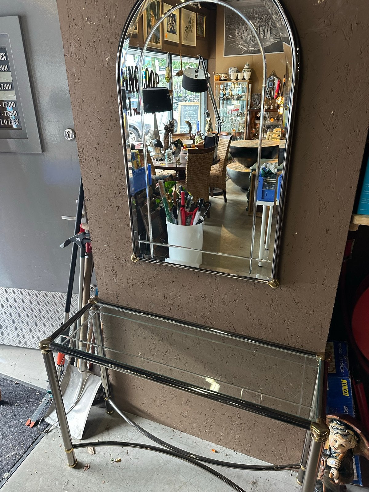 Sidetable met spiegel - Chroom en messing, Ophalen, Gebruikt, C, 100 tot 150 cm