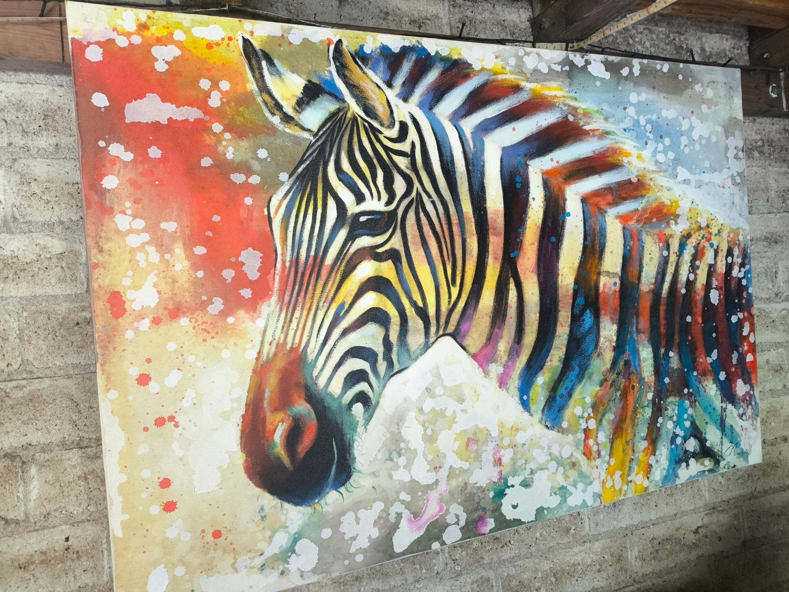 Kleurrijk Zebra Schilderij - Modern Kunstwerk op Canvas, Acrylverf, Ophalen of Verzenden, Dieren, Op houten frame