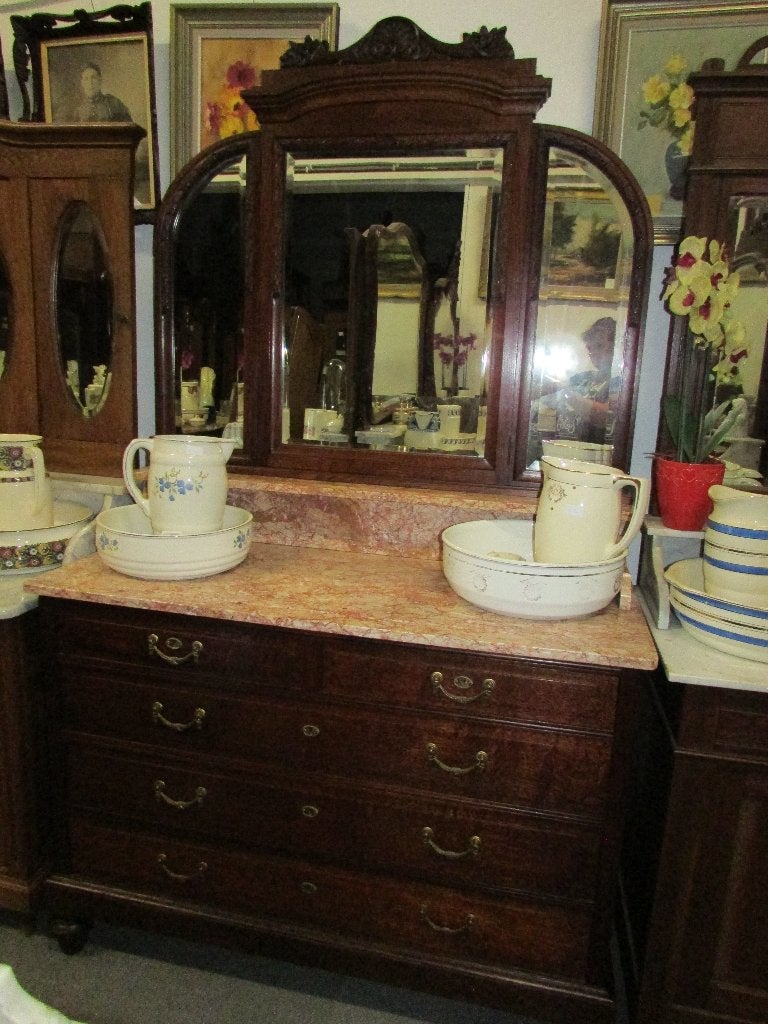 antieke eiken laden commode marmerblad en spiegel ., Ophalen, 100 tot 150 cm, 200 cm of meer, Zo goed als nieuw