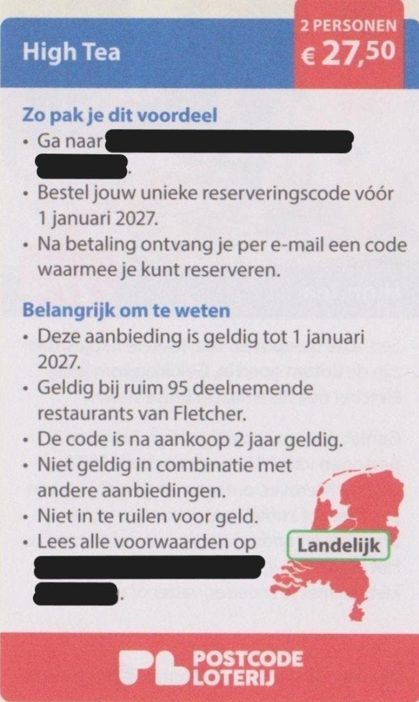 High Tea Fletcher 2 personen. € 27,50. Postcodeloterij bon., Tickets en Kaartjes, Kortingen en Cadeaubonnen, Twee personen, Kortingsbon