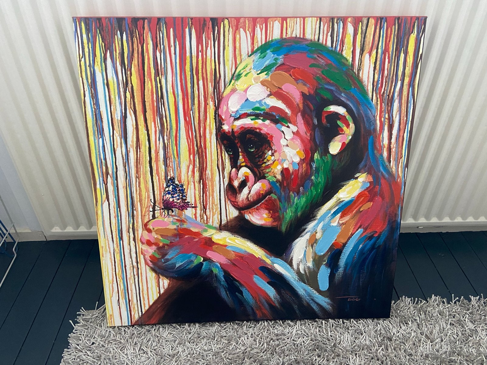 Kleurrijk Schilderij Aap met Vlinder - Modern Kunstwerk, Ophalen, Acrylverf, Dieren, Op houten frame