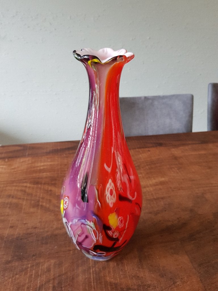 Vintage grote Murano millefiori vaas rood paars, hoog 40 cm, Ophalen of Verzenden