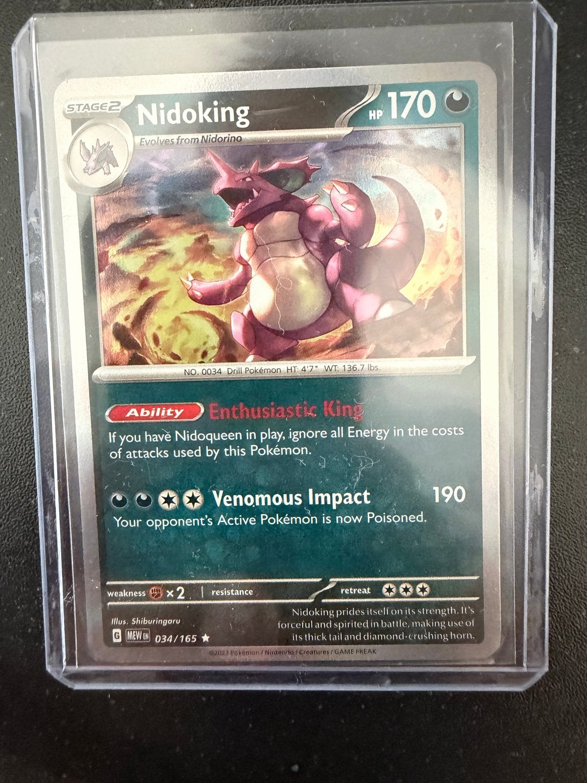 Nidoking 034/165 Pokemon kaart - Nieuwstaat, Ophalen of Verzenden, Zo goed als nieuw, Losse kaart