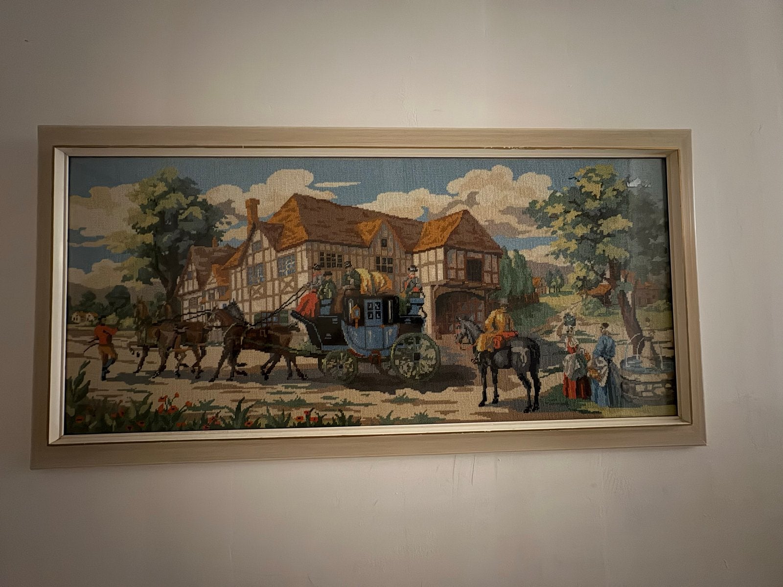 Vintage wandtapijt met koets en paarden, Antiek en Kunst, Kunst | Schilderijen | Klassiek, Ophalen of Verzenden