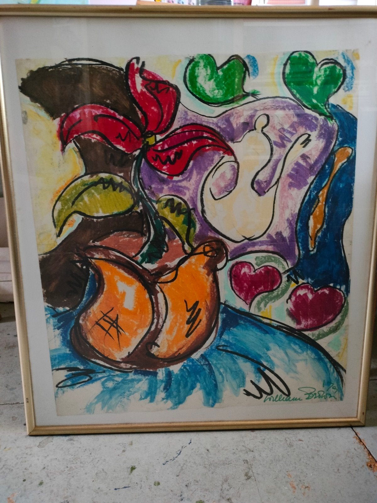 Happy years interior oil pastels op papier in lijst ., Ophalen, Pastel, Papier/karton, Achter glas
