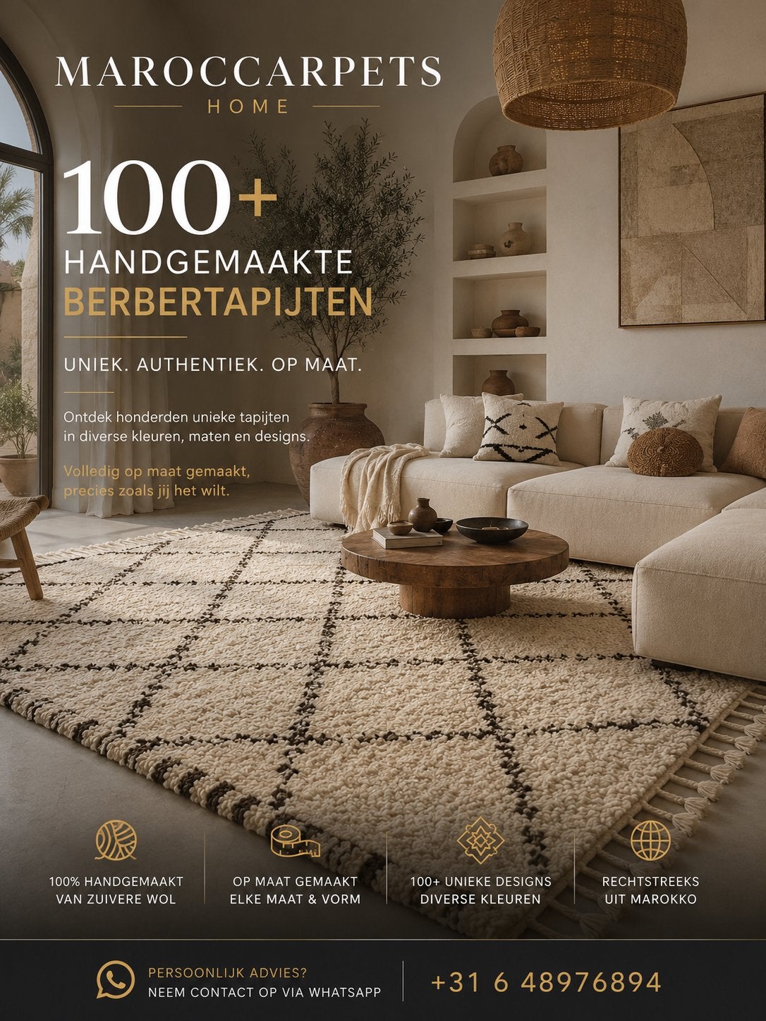Marokkaans Berbertapijt - Handgemaakt, Diverse Designs 2x3 m, Maroccarpets home, Beige, Boho, handgemaakt , wol, berber, Ophalen of Verzenden