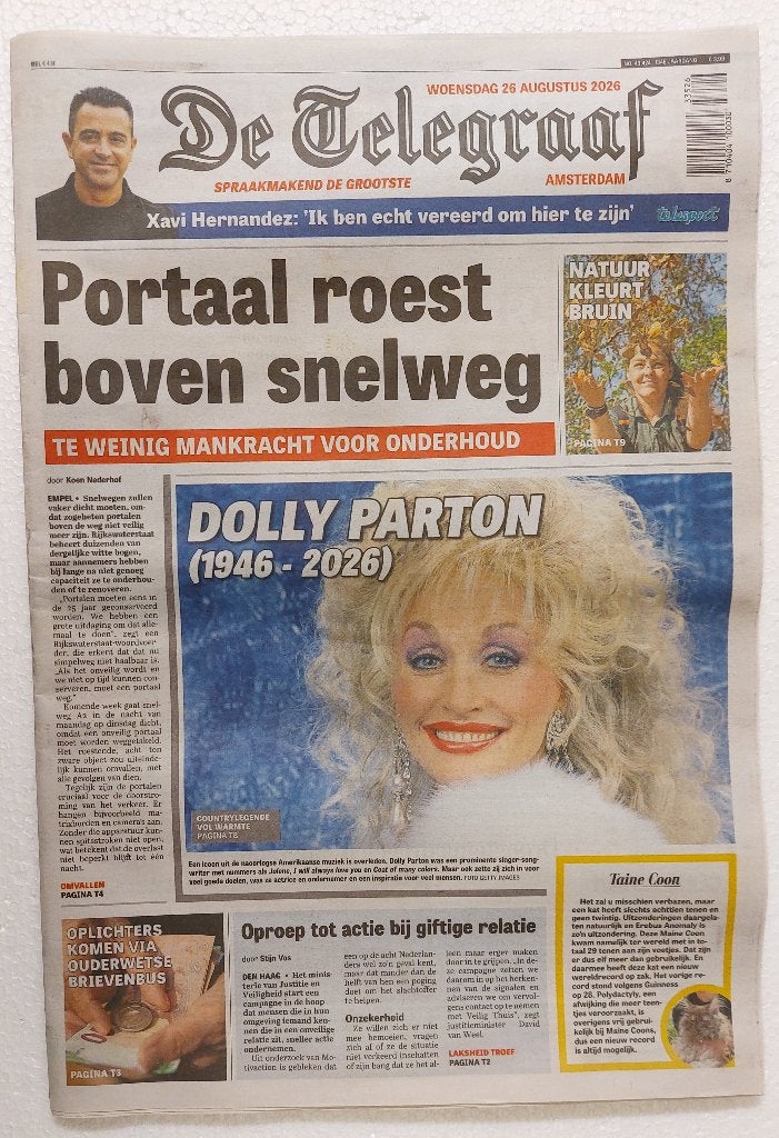 Dolly Parton set van 3 kranten 26 augustus 2026, Dolly Parton, Ophalen of Verzenden, NvT, Boek, Tijdschrift of Artikel