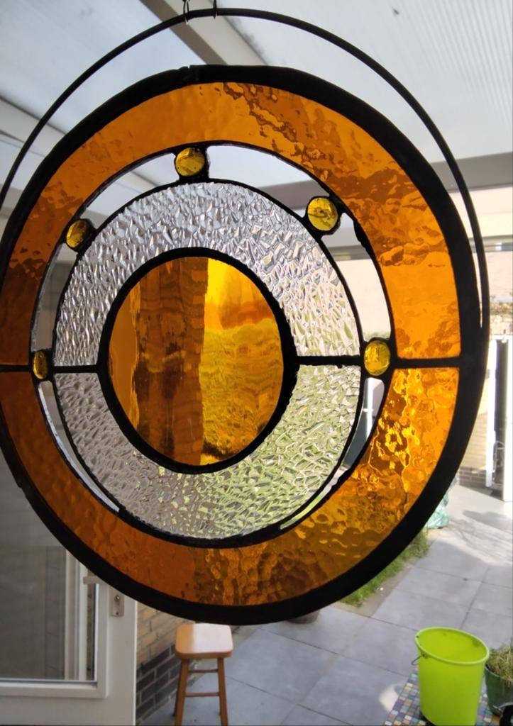 Ronde Glas-in-lood Raamhanger - Mooie Kleuren, Antiek en Kunst, Ophalen of Verzenden