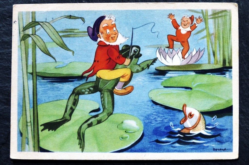 Kabouter met kikker springend over waterlelies en vis, 1948, Verzamelen, Verzenden, 1940 tot 1960, Gelopen, Waterdier