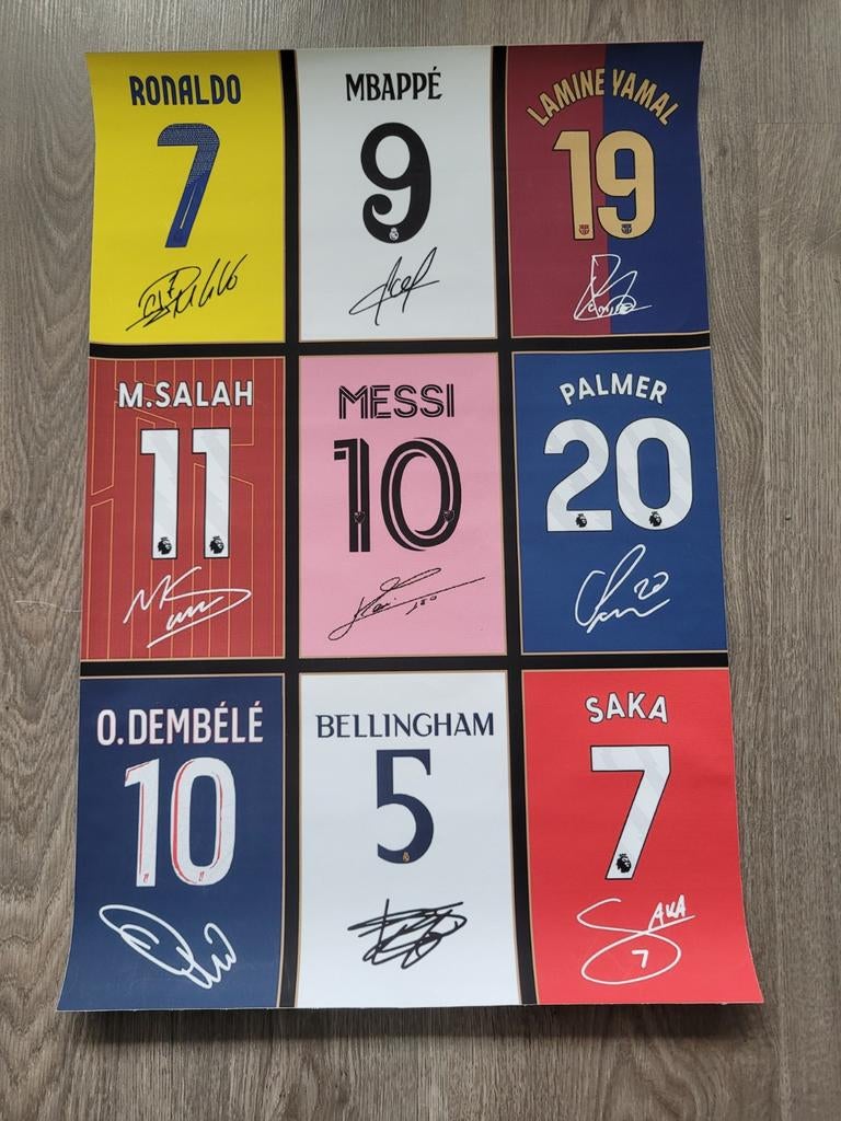 Poster met gesigneerde voetbalshirts van topvoetballers, Ophalen of Verzenden