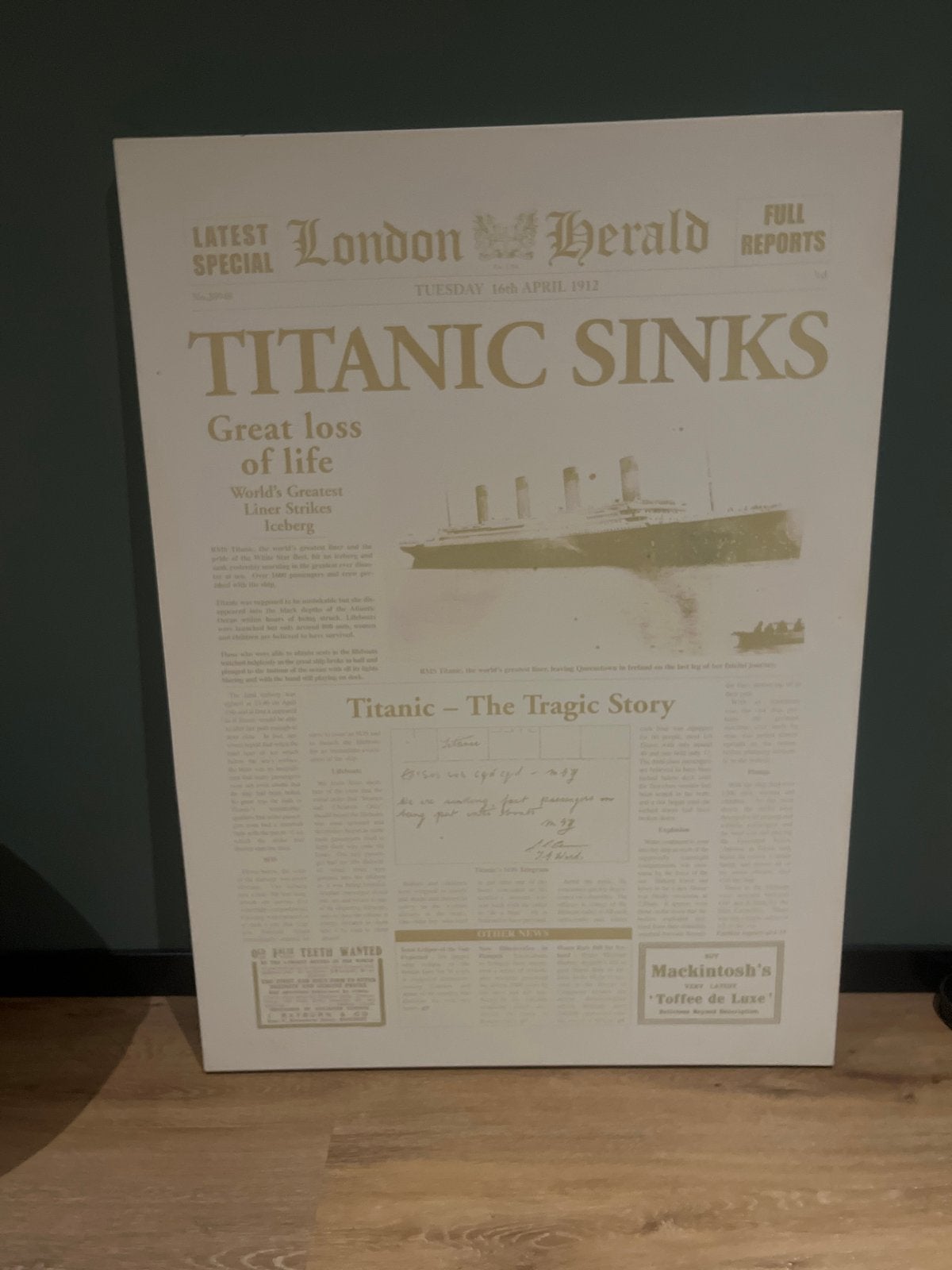 Titanic Sinks krantenkop canvas, Ophalen, 75 – 100, 50 tot 75 cm, Print