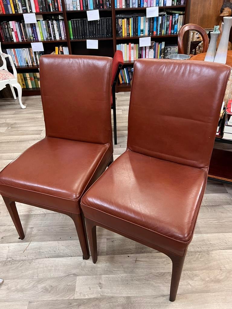 Leren eetkamerstoelen cognac met houten poten (2x), Huis en Inrichting, Stoelen, D, Bruin, Leer, Ophalen of Verzenden