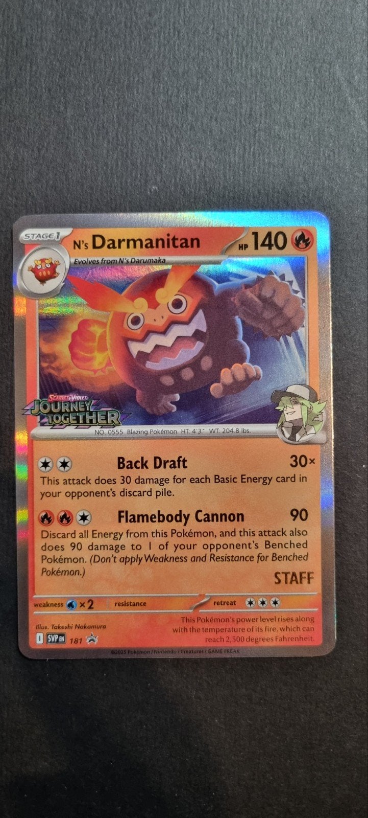 N's Darmanitan SVP 181 Staff Stamped, Hobby en Vrije tijd, Verzamelkaartspellen | Pokémon, Ophalen of Verzenden, Zo goed als nieuw