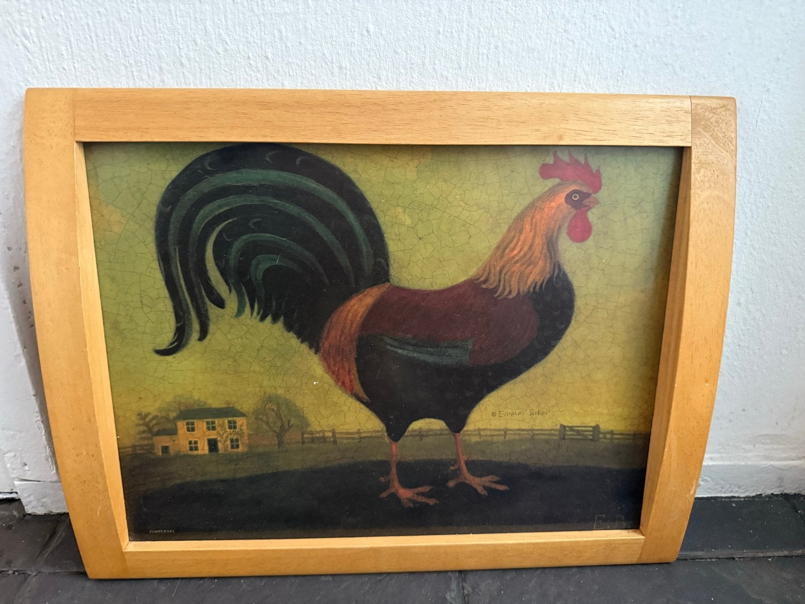 Landelijk Ingelijst Schilderij "Haan" - Emma Baker, Antiek en Kunst, Overige stijlen, Doek, Dieren, Ophalen of Verzenden