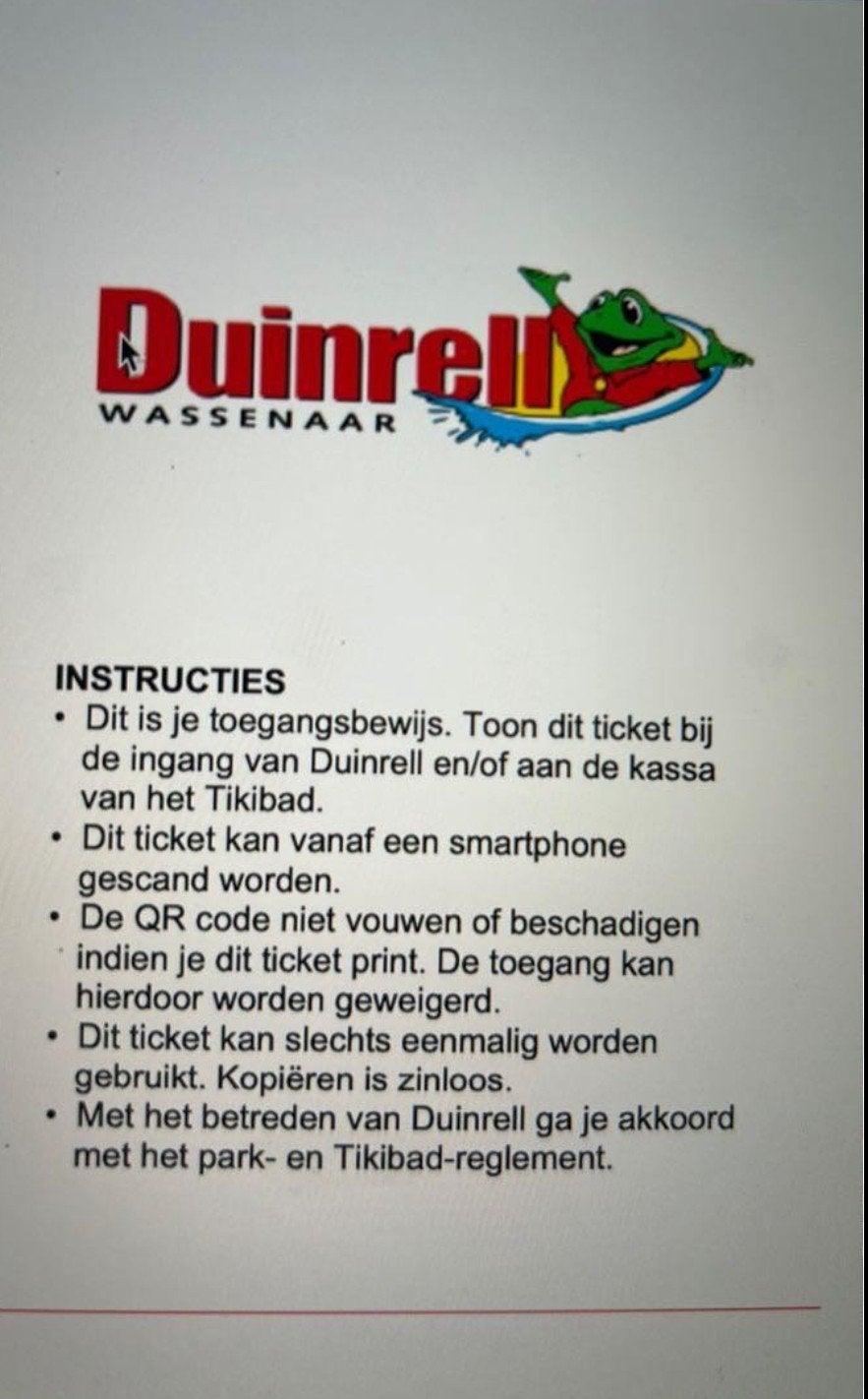 6 Duinrell kaartjes met 2 uur tikkiebad, Twee personen, Ticket of Toegangskaart
