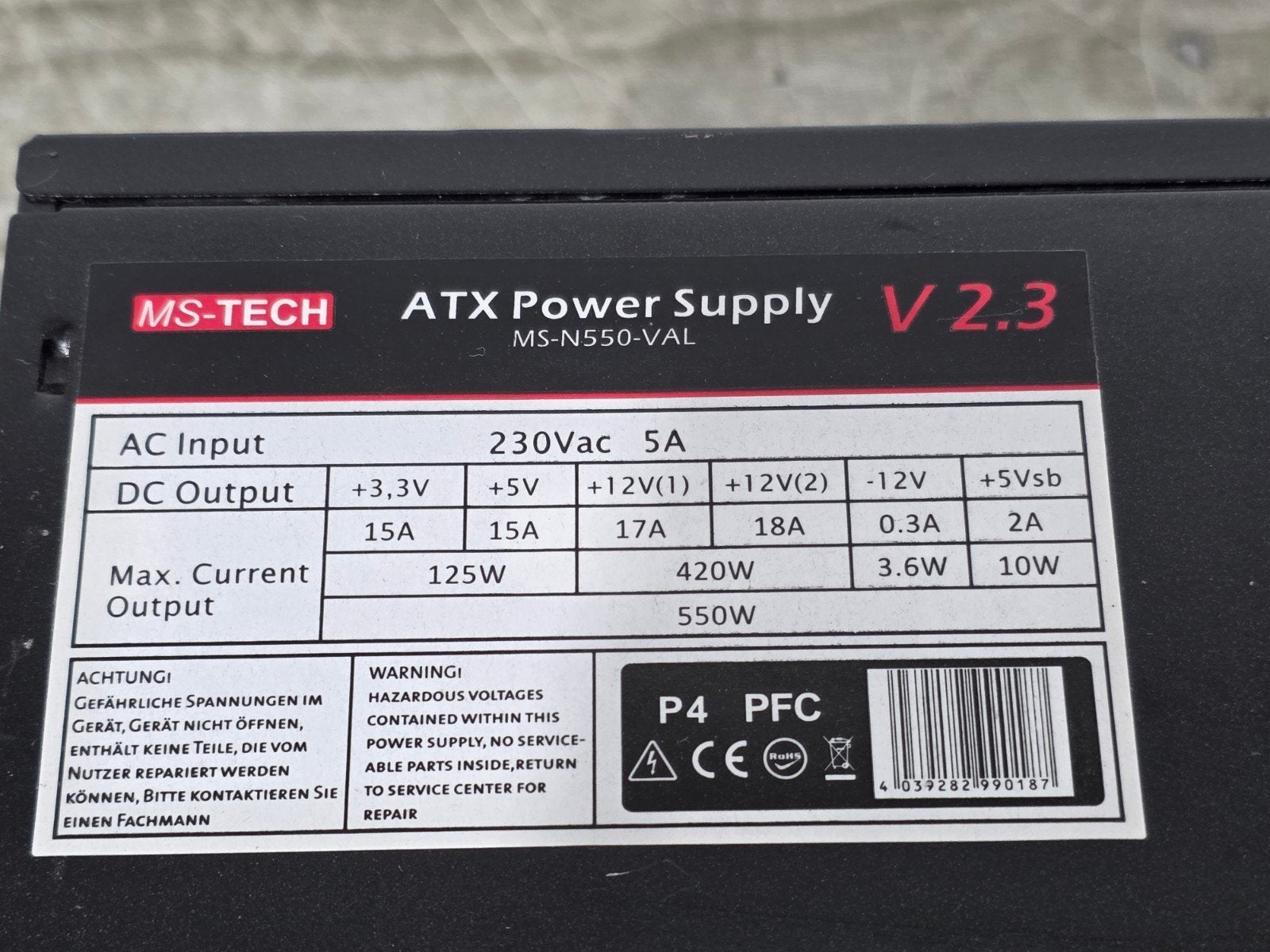Ms-tech 550w max voeding psu power supply ms-n550-val v2.3, Computers en Software, Ophalen of Verzenden, Gebruikt