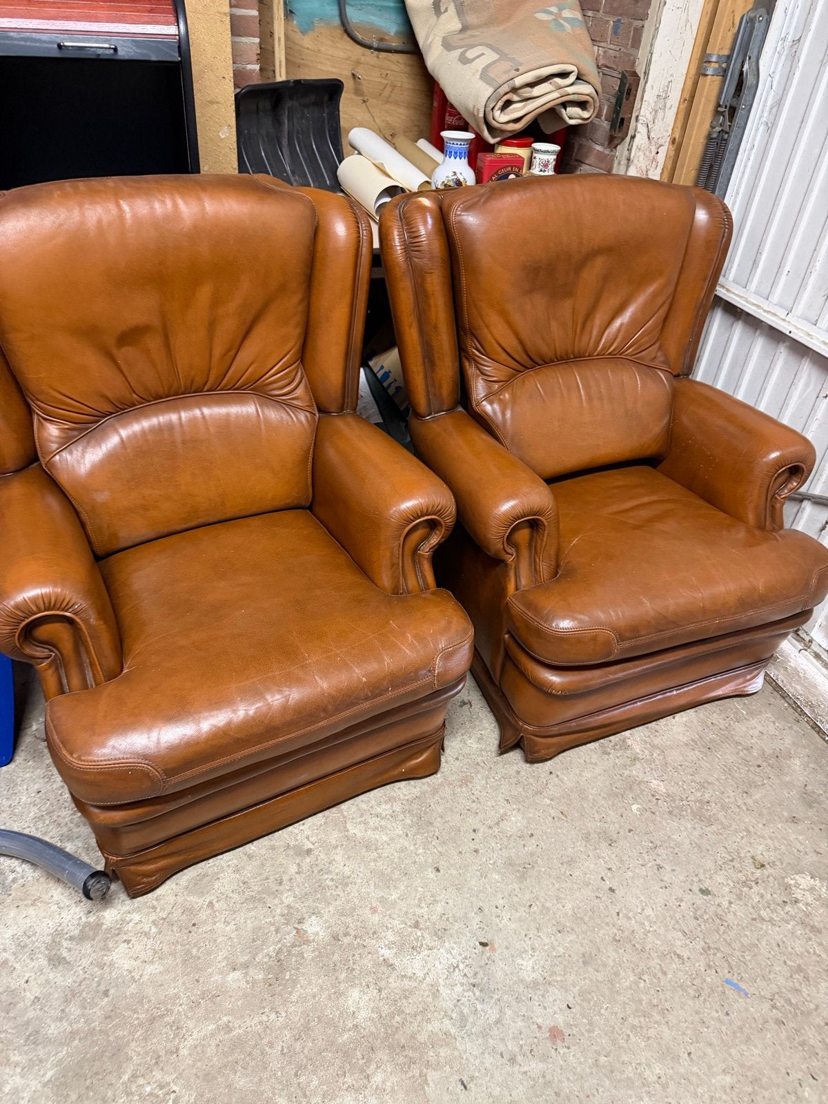 2x Vintage/Retro Leren Fauteuils Bruin - Goede Staat, Gebruikt, Leer, Ophalen of Verzenden, Nvt