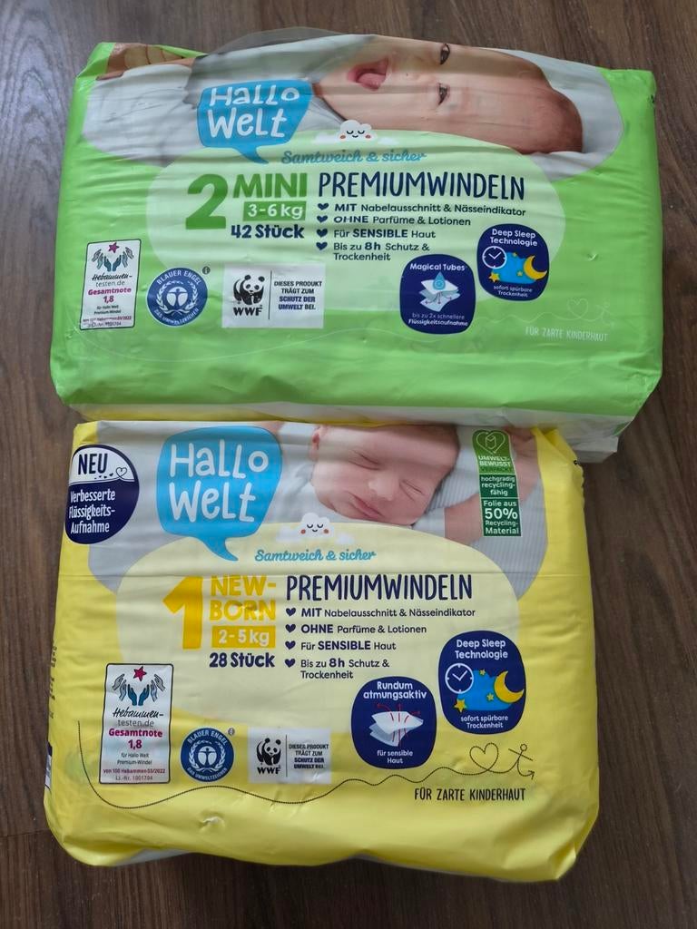 Hallo Welt Premium Luiers - Maat 1 (Newborn) & Maat 2 (Mini), Ophalen of Verzenden, Nieuw, Hallo Welt, Jongetje of Meisje