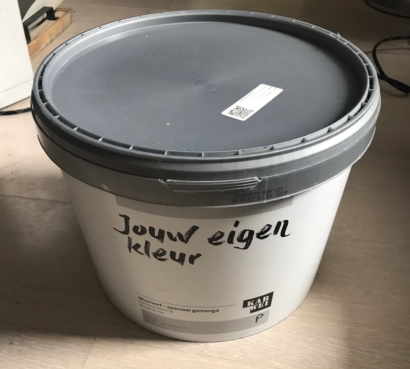 Verf emmer 10L Karwei warm beige., Beige, Nieuw, Ophalen of Verzenden, Verf