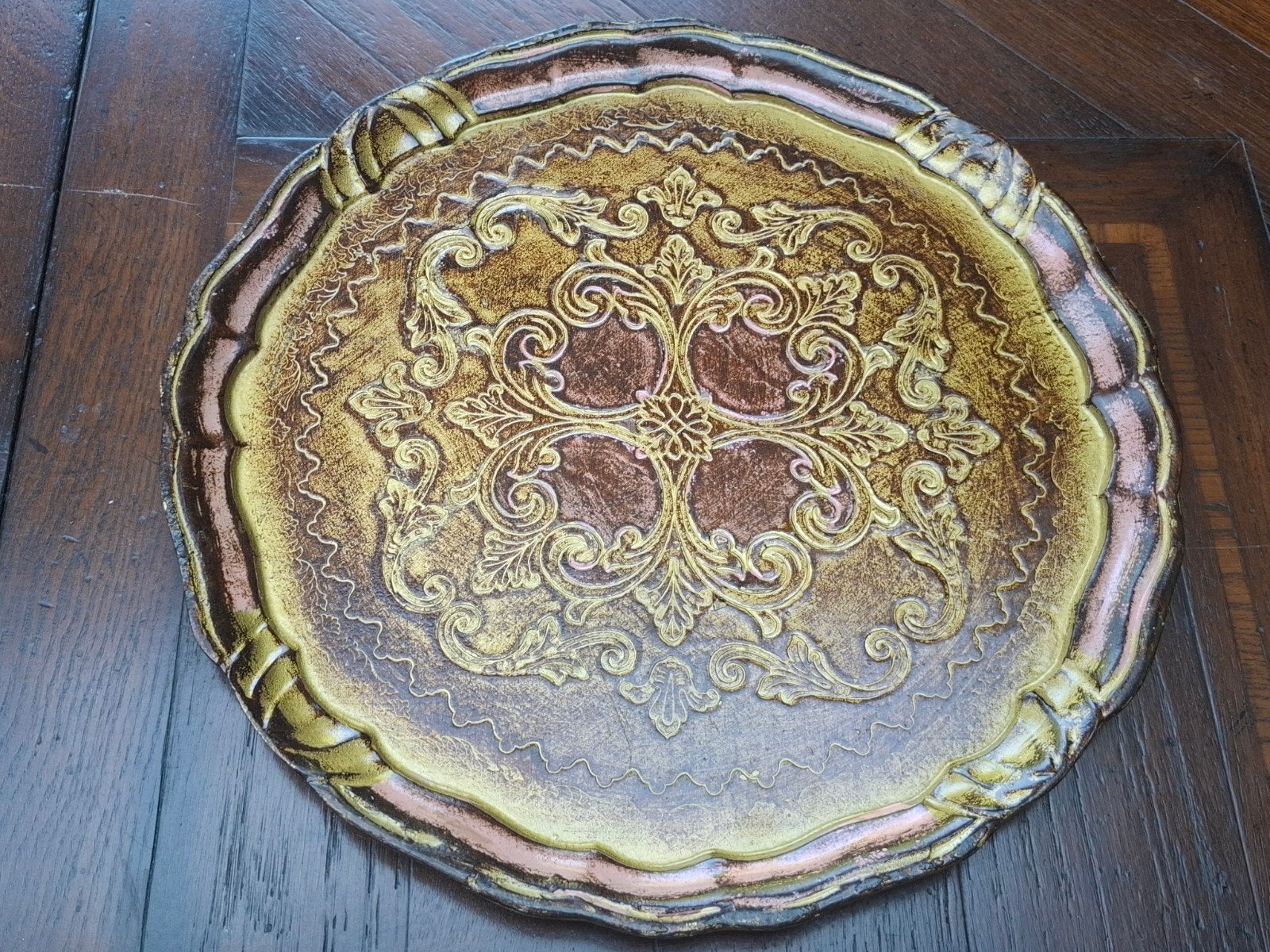 Florentijnse Italiaanse Houten Dienblad met Barok Decoratie, Rond, Ophalen of Verzenden, Zo goed als nieuw, Handgemaakt