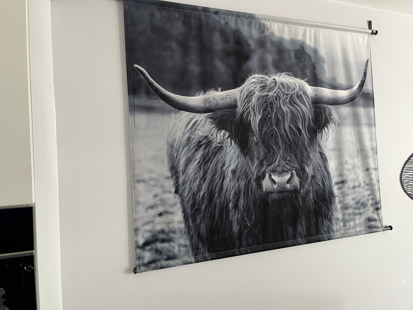 Wandkleed Schotse Hooglander Zwart-Wit, Huis en Inrichting, Woonaccessoires | Wanddecoraties, Ophalen, Zwart, Zo goed als nieuw