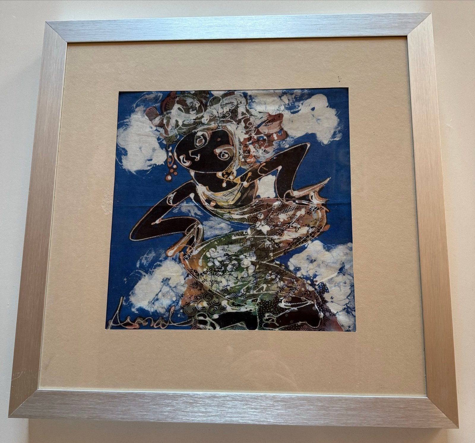 Ingelijste Batik Kunst: Dansende Figuur, Handgemaakt, Ophalen of Verzenden, Indonesië, Meerkleurig