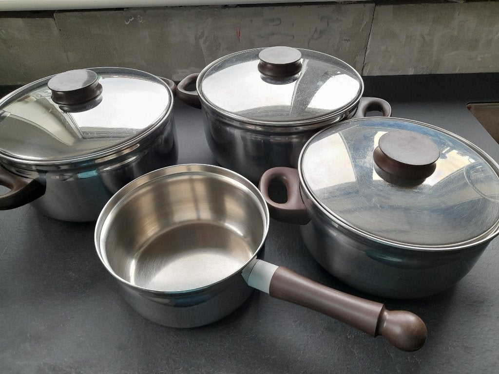 Pannenset 4 delig, Gebruikt, Keramische plaat, Pannenset, Ophalen of Verzenden