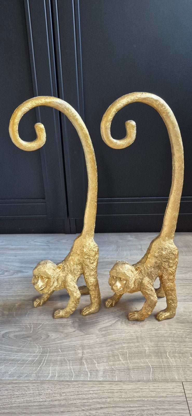 Set van 2 Gouden Apen Decoratiebeelden, Huis en Inrichting, Ophalen, Zo goed als nieuw, Goud, Metaal