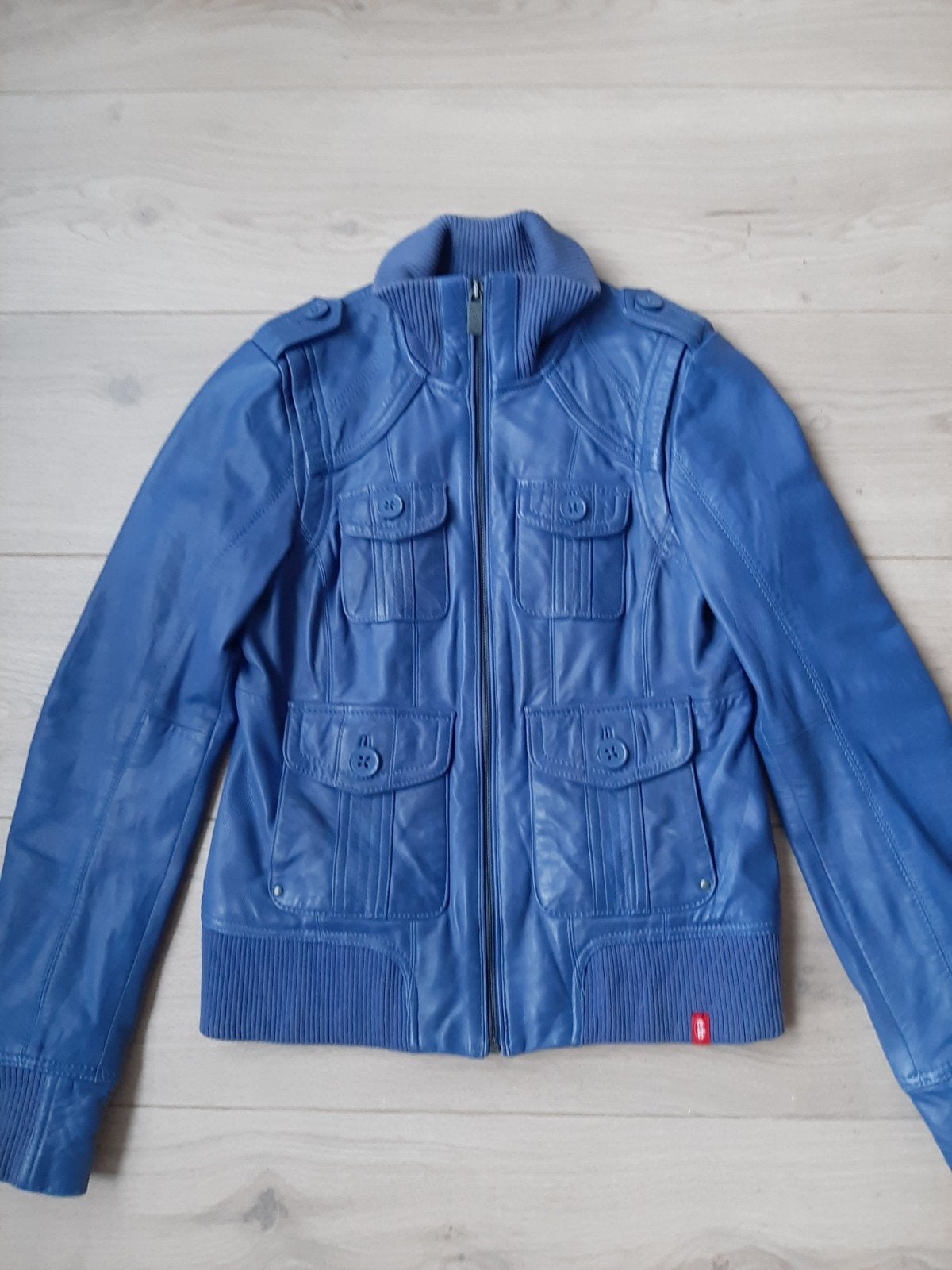 Mooie blauwe leren jas van Esprit, zo goed als nieuw, Blauw, Ophalen of Verzenden, Zo goed als nieuw, Maat 34 (XS) of kleiner