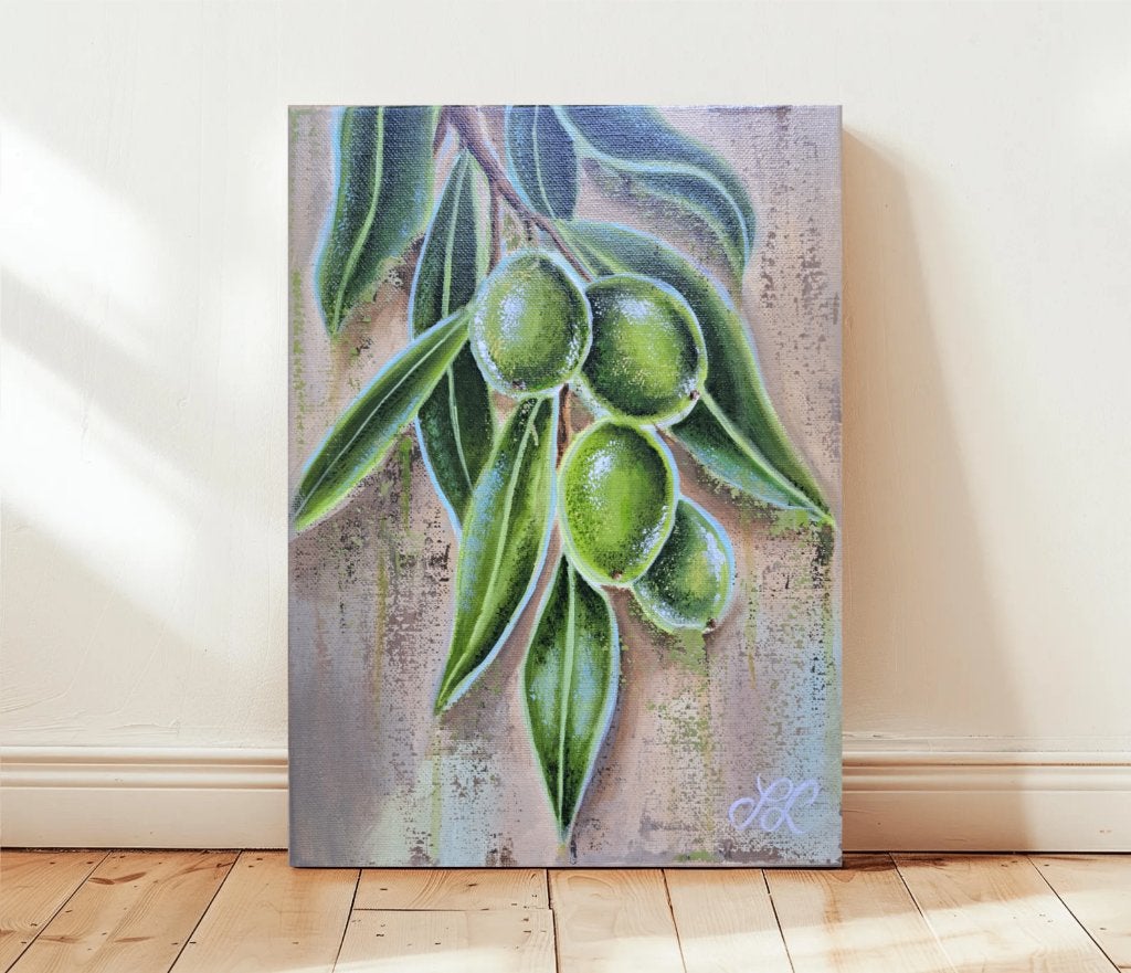 Hand-Painted Olive Branch Acrylic Canvas Art. (24x30 cm), Realistisch, Stilleven, Aquarel, Gesigneerd