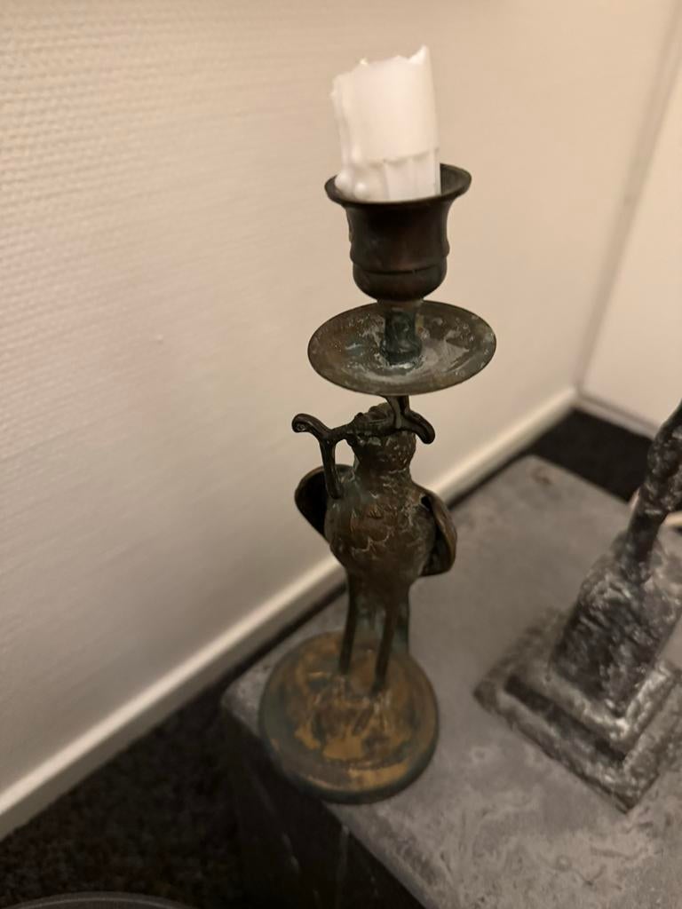 Antieke bronzen kaarsenstandaard met vogelmotief, Ophalen of Verzenden, Koper of Brons