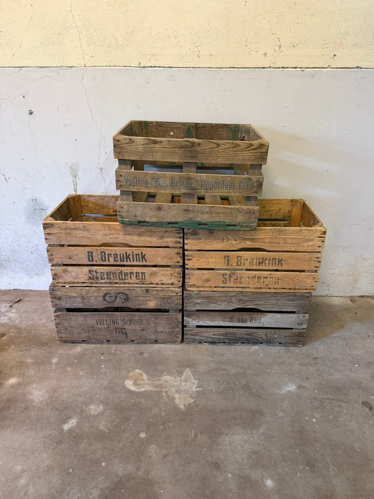 Set van 5 authentieke oude houten veilingkisten/fruitkisten, Ophalen