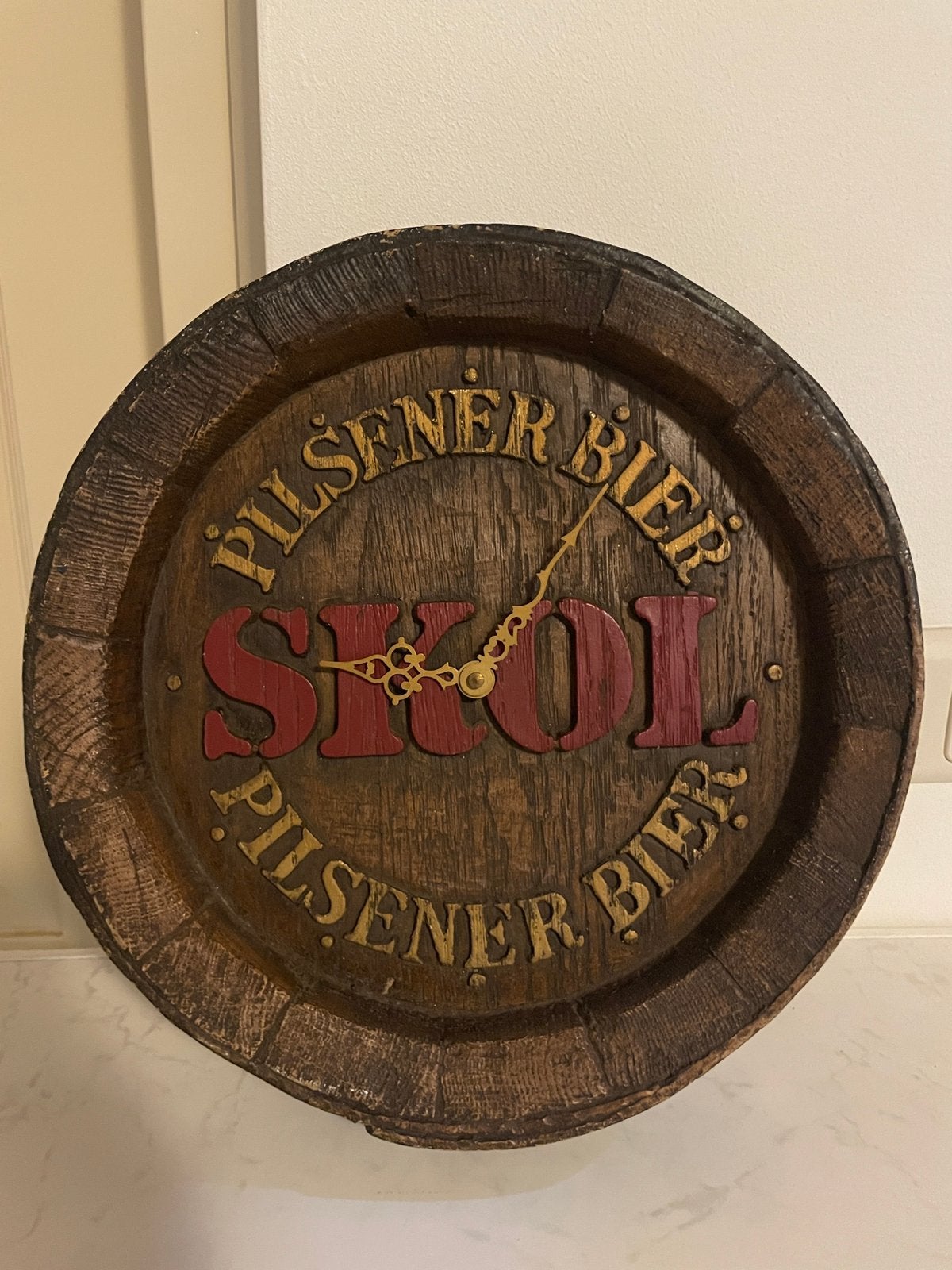 Vintage houten wandklok – Pilsener Bier Skol, Ophalen, Gebruikt, Reclamebord