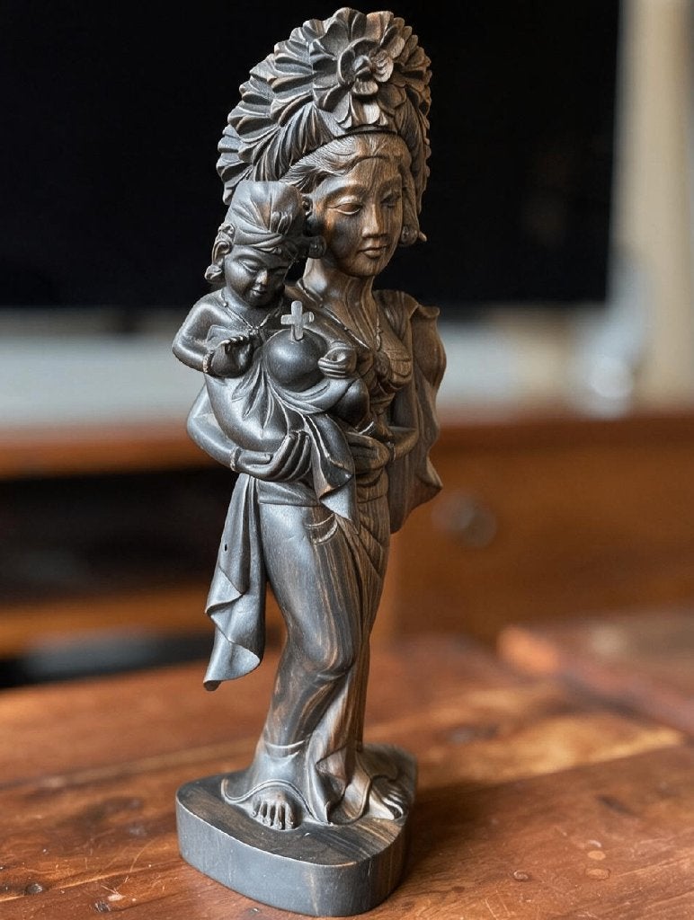 Indonesisch/Balinees houten beeld Madonna met kind, Ophalen, Handgemaakt, 20 - 50 cm, Hout