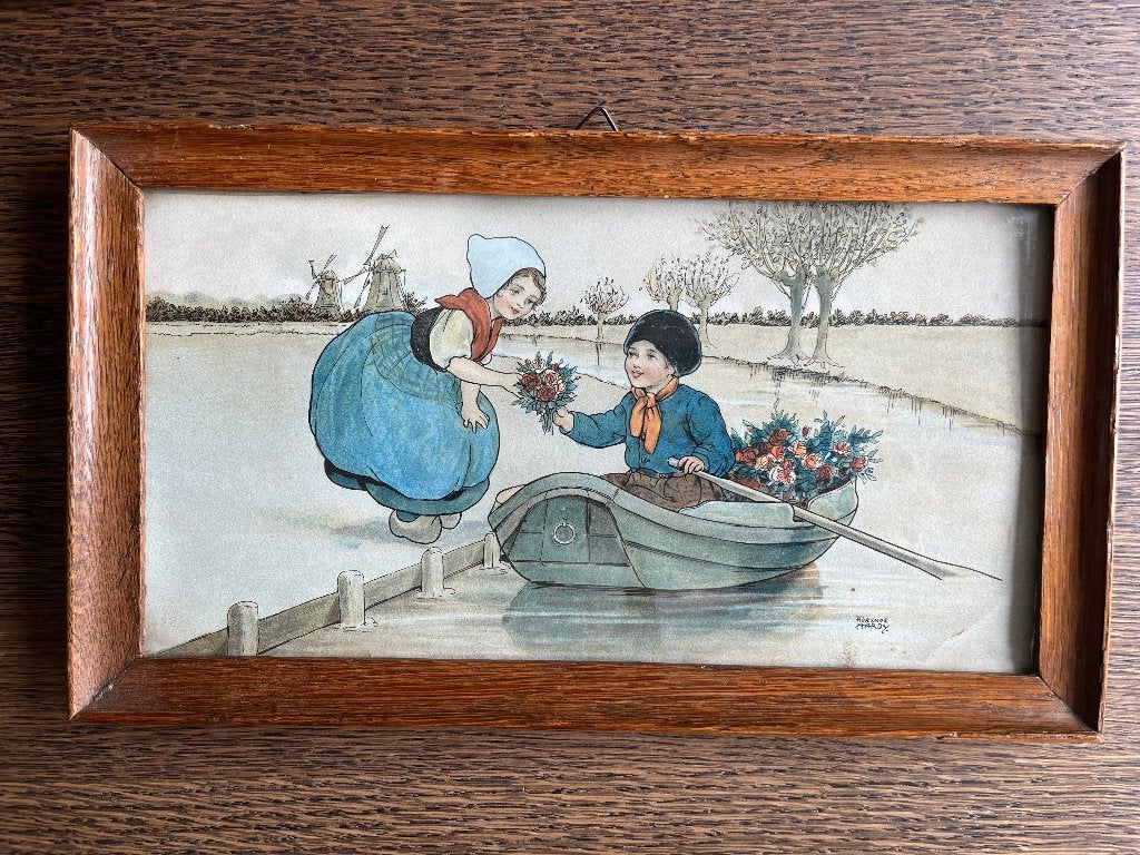 Aquarel, Hollands tafereel, Florence Hardy, 1927, Achter glas, Portret of Personen, Oud hollands, Ophalen of Verzenden