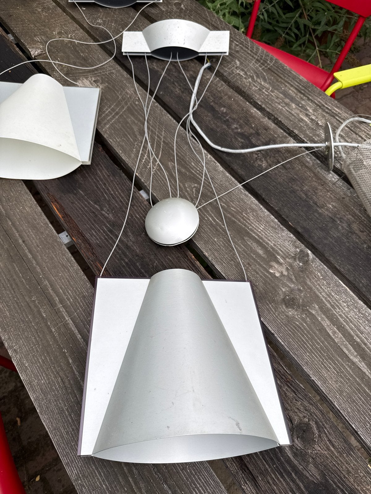 Tre Ci Luce Pendellampen met aluminium en kunststof kap, Ophalen, Gebruikt, Metaal, Overige fittingen