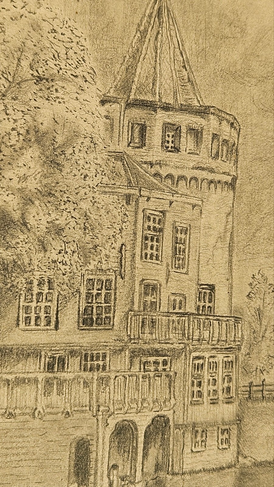 Potloodtekening van de Schreierstoren in Amsterdam, Antiek en Kunst, Ophalen of Verzenden, Tekening, Potloodtekening, Ingelijst