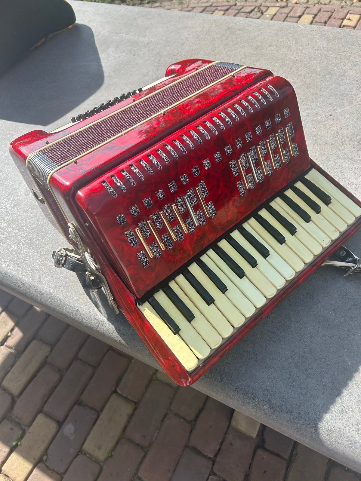 Mooie rode accordeon met koffer en riemen, Muziek en Instrumenten, Gebruikt, Overige formaten, Toetsaccordeon, Met koffer