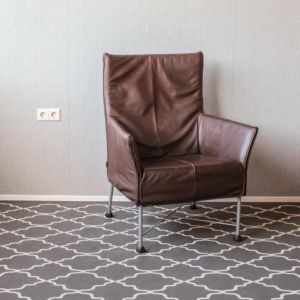 Montis Charly fauteuil, bruin leder - rvs onderstel, Niet ingevuld, Zo goed als nieuw, Niet ingevuld, Niet ingevuld