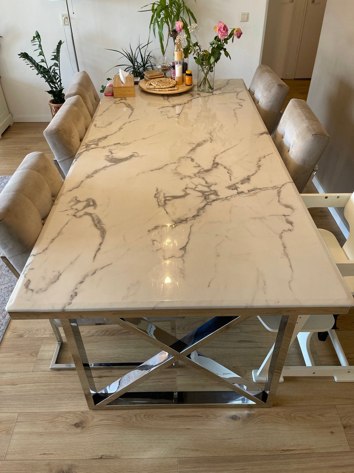 eettafel met marmerlook 6 stoelen, Ophalen, 50 tot 100 cm, Zo goed als nieuw, Vier personen
