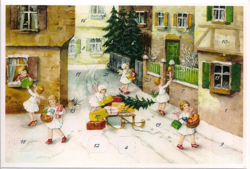 Adventskalender Kaart: Engelen bezorgen cadeautjes - 12418, Ophalen of Verzenden, Nieuw